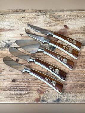 Vintage Regent Sheffield Cheese Knives 7pc Lot Floral Pattern on Wood Cutlery